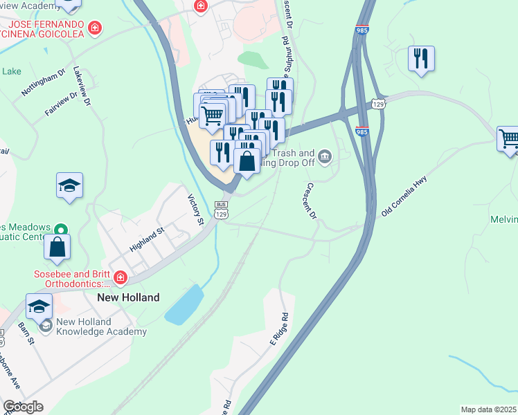 map of restaurants, bars, coffee shops, grocery stores, and more near 24 East Main Street in Gainesville
