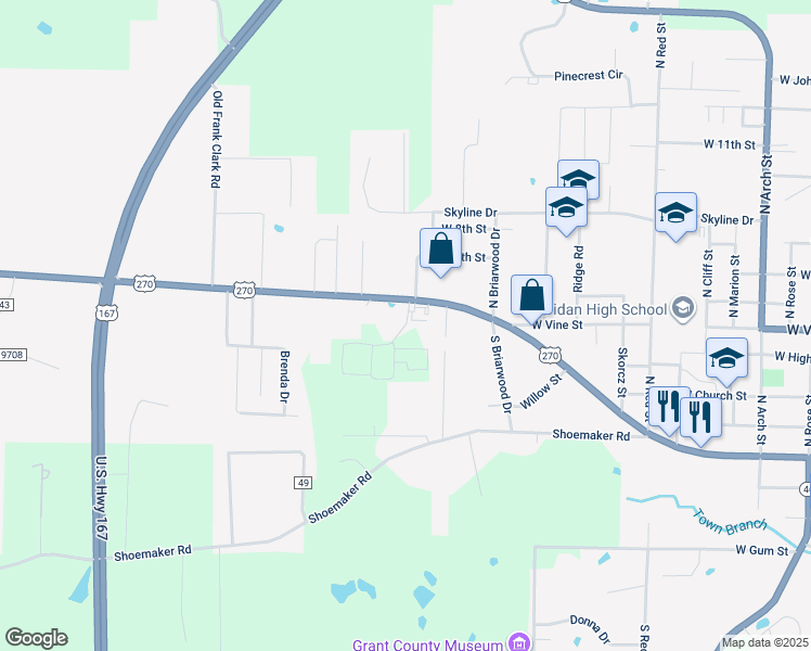 map of restaurants, bars, coffee shops, grocery stores, and more near 10 South Grant Street in Sheridan