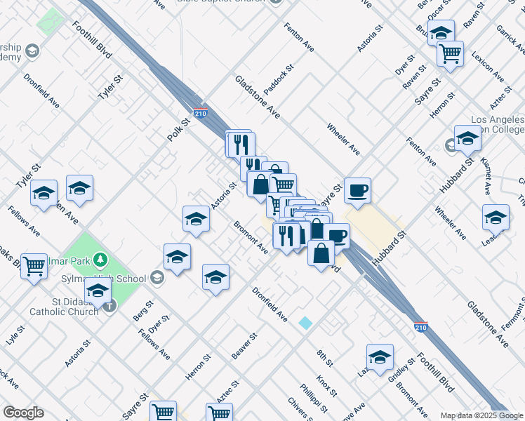 map of restaurants, bars, coffee shops, grocery stores, and more near 13864 Foothill Boulevard in Los Angeles
