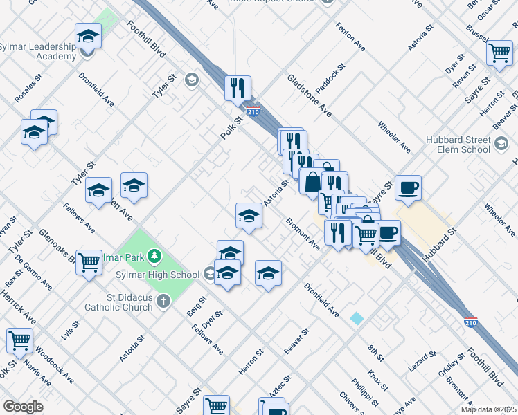 map of restaurants, bars, coffee shops, grocery stores, and more near 14043 Astoria Street in Los Angeles