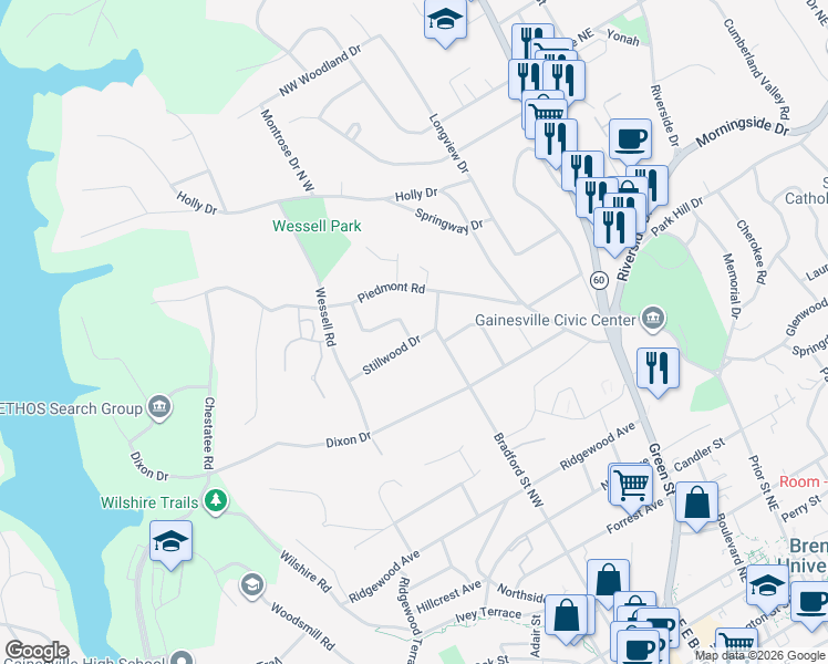 map of restaurants, bars, coffee shops, grocery stores, and more near 500 Stillwood Drive in Gainesville