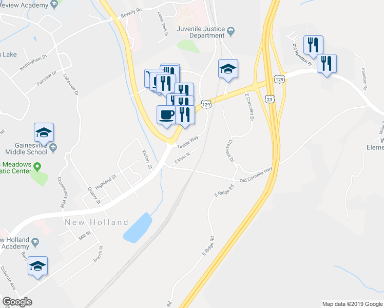 map of restaurants, bars, coffee shops, grocery stores, and more near 24 East Main Street in Gainesville