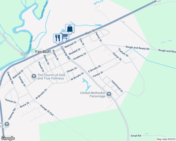 map of restaurants, bars, coffee shops, grocery stores, and more near 510 Conway Road in Fair Bluff