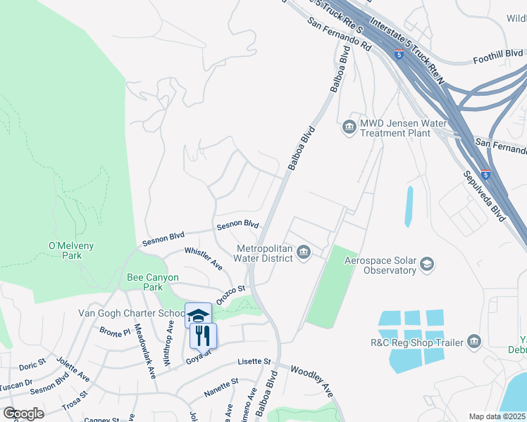map of restaurants, bars, coffee shops, grocery stores, and more near 13314 Mission Tierra Way in Los Angeles