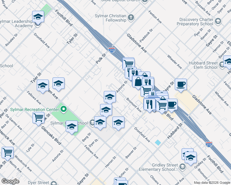 map of restaurants, bars, coffee shops, grocery stores, and more near 14040 Astoria Street in Los Angeles