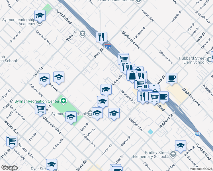 map of restaurants, bars, coffee shops, grocery stores, and more near 14067 Astoria Street in Los Angeles