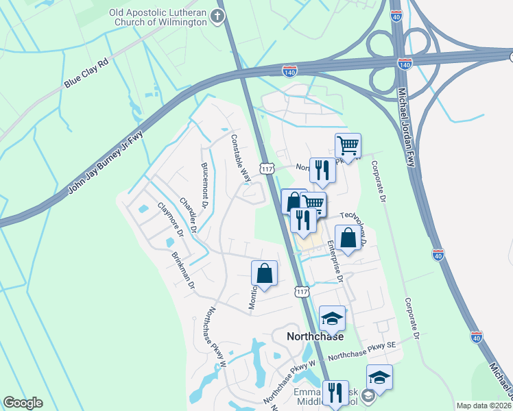 map of restaurants, bars, coffee shops, grocery stores, and more near 3220 Belmont Court in Wilmington