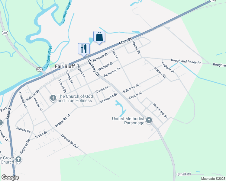 map of restaurants, bars, coffee shops, grocery stores, and more near 84 West Brooks Street in Fair Bluff