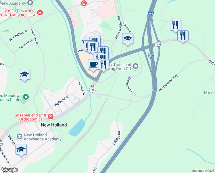 map of restaurants, bars, coffee shops, grocery stores, and more near 27 East Main Street in Gainesville