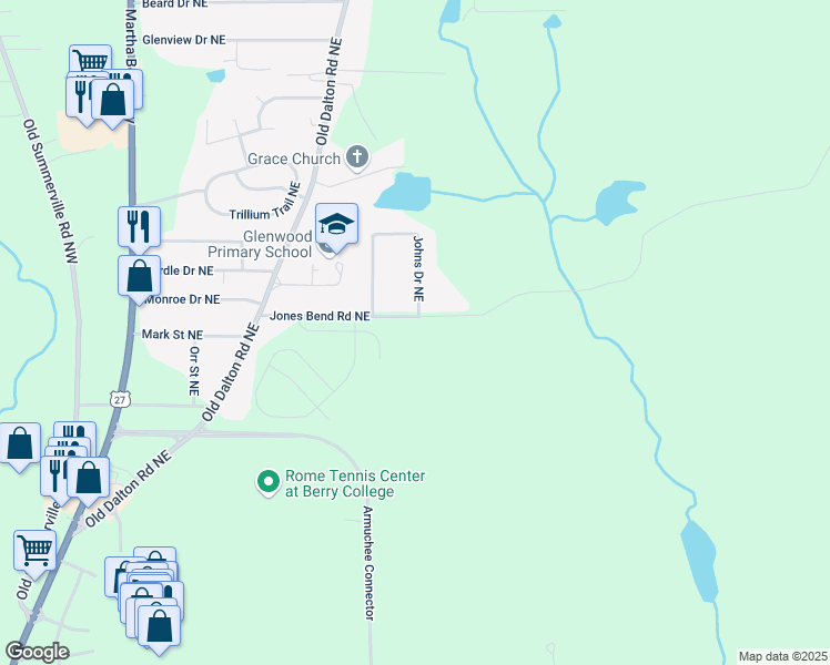 map of restaurants, bars, coffee shops, grocery stores, and more near 13 Coggins Place Northeast in Rome