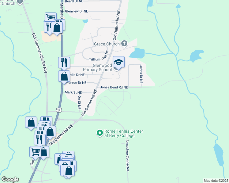 map of restaurants, bars, coffee shops, grocery stores, and more near 9 Coggins Place Northeast in Rome