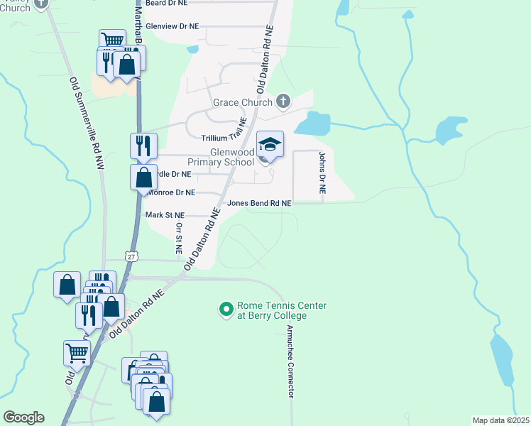 map of restaurants, bars, coffee shops, grocery stores, and more near 11 Coggins Place Northeast in Rome