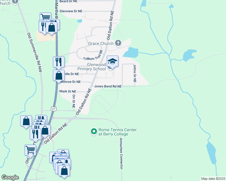 map of restaurants, bars, coffee shops, grocery stores, and more near 13 Coggins Place Northeast in Rome