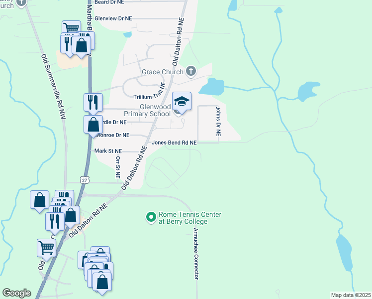 map of restaurants, bars, coffee shops, grocery stores, and more near 15 Coggins Place Northeast in Rome