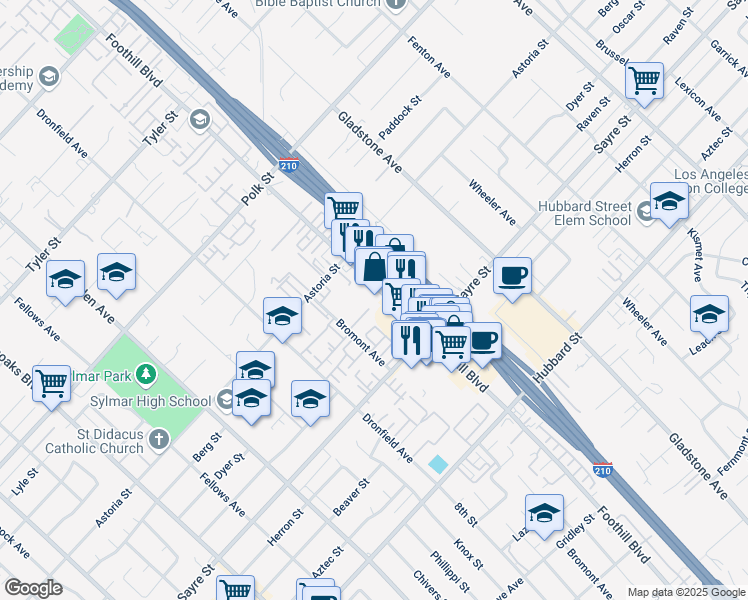 map of restaurants, bars, coffee shops, grocery stores, and more near 13864 Foothill Boulevard in Los Angeles