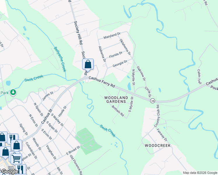 map of restaurants, bars, coffee shops, grocery stores, and more near 208 Cashua Ferry Road in Darlington