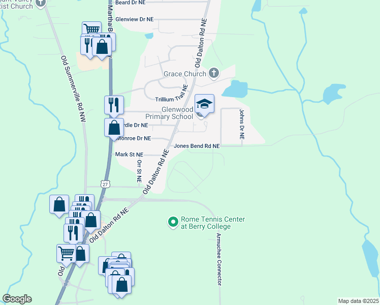 map of restaurants, bars, coffee shops, grocery stores, and more near 5 Coggins Place Northeast in Rome