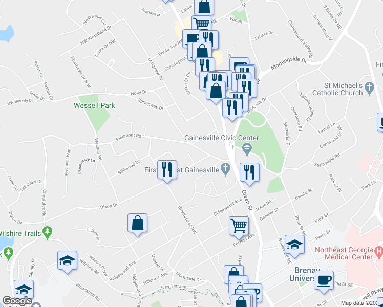 map of restaurants, bars, coffee shops, grocery stores, and more near 318 Vinings Walk Northwest in Gainesville