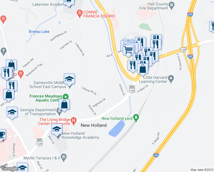map of restaurants, bars, coffee shops, grocery stores, and more near 26 Spring Street in Gainesville
