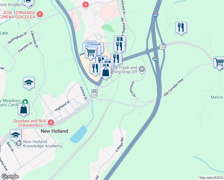 map of restaurants, bars, coffee shops, grocery stores, and more near 27 East Main Street in Gainesville