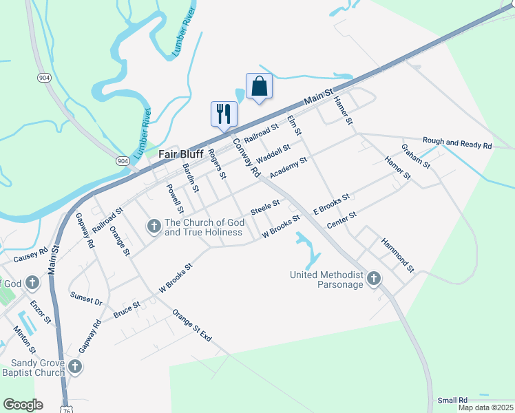 map of restaurants, bars, coffee shops, grocery stores, and more near 112 Steele Street in Fair Bluff