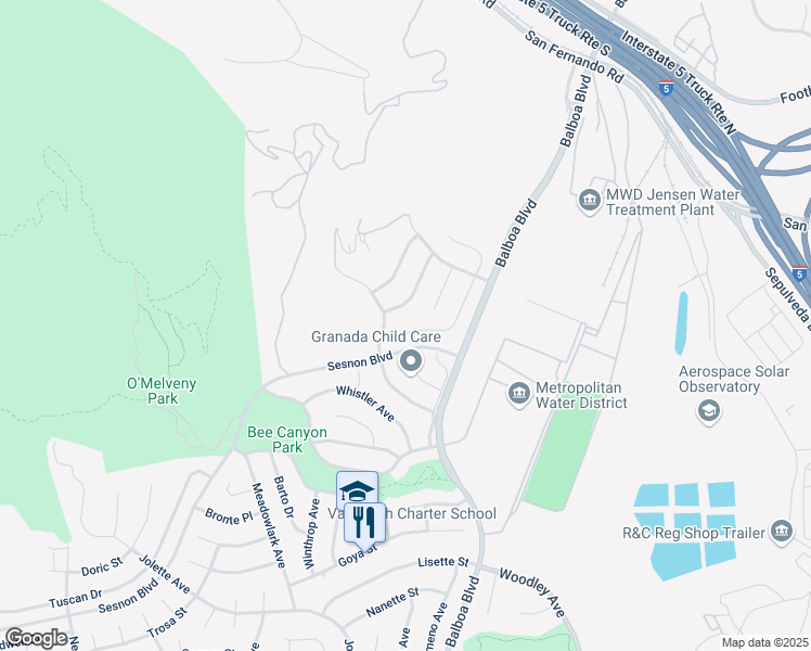 map of restaurants, bars, coffee shops, grocery stores, and more near 13247 Mission Tierra Way in Los Angeles