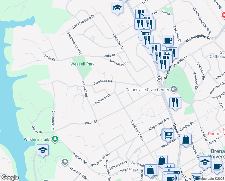 map of restaurants, bars, coffee shops, grocery stores, and more near 445 Stillwood Drive in Gainesville