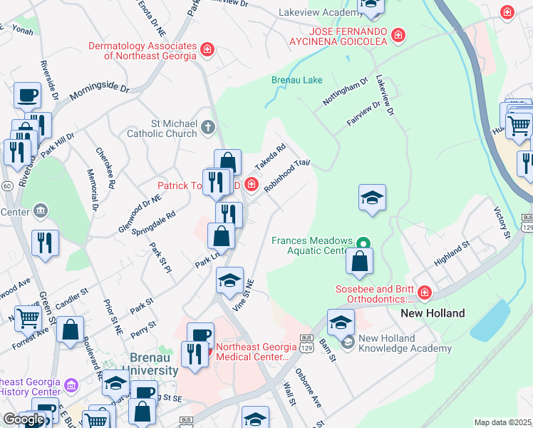 map of restaurants, bars, coffee shops, grocery stores, and more near 1407 Vine Street Northeast in Gainesville