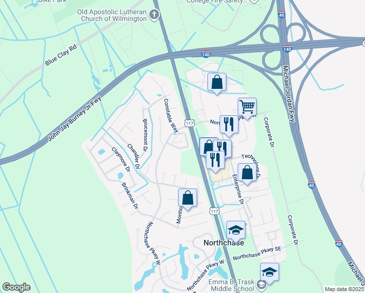 map of restaurants, bars, coffee shops, grocery stores, and more near 3225 Belmont Circle in Wilmington