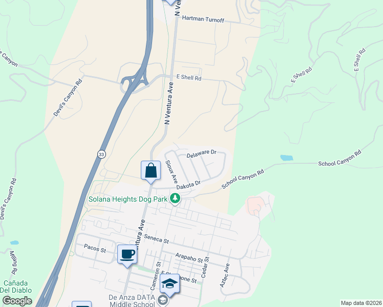 map of restaurants, bars, coffee shops, grocery stores, and more near 267 Delaware Drive in Ventura