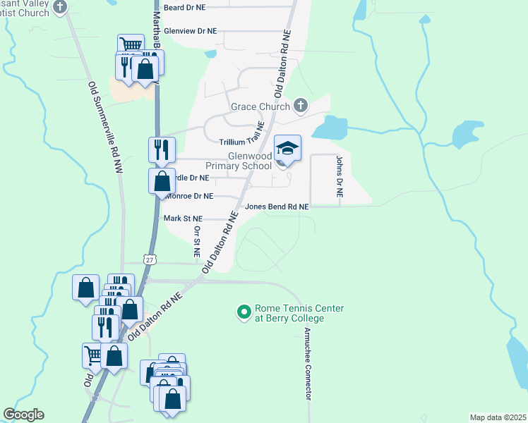 map of restaurants, bars, coffee shops, grocery stores, and more near 3 Coggins Place Northeast in Rome