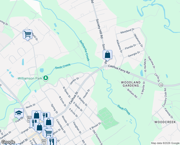 map of restaurants, bars, coffee shops, grocery stores, and more near 713 Cashua Street in Darlington