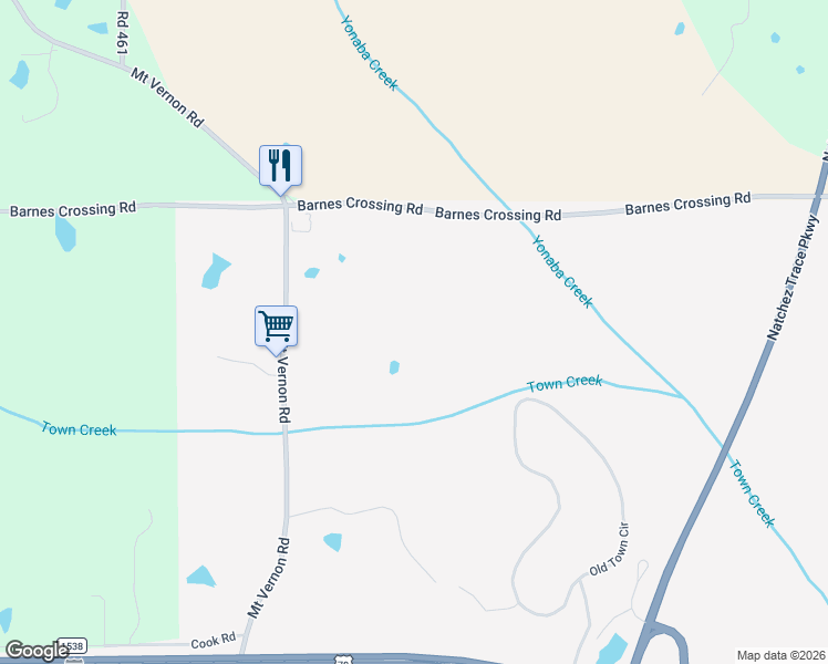 map of restaurants, bars, coffee shops, grocery stores, and more near 3808 Old Town Circle in Tupelo