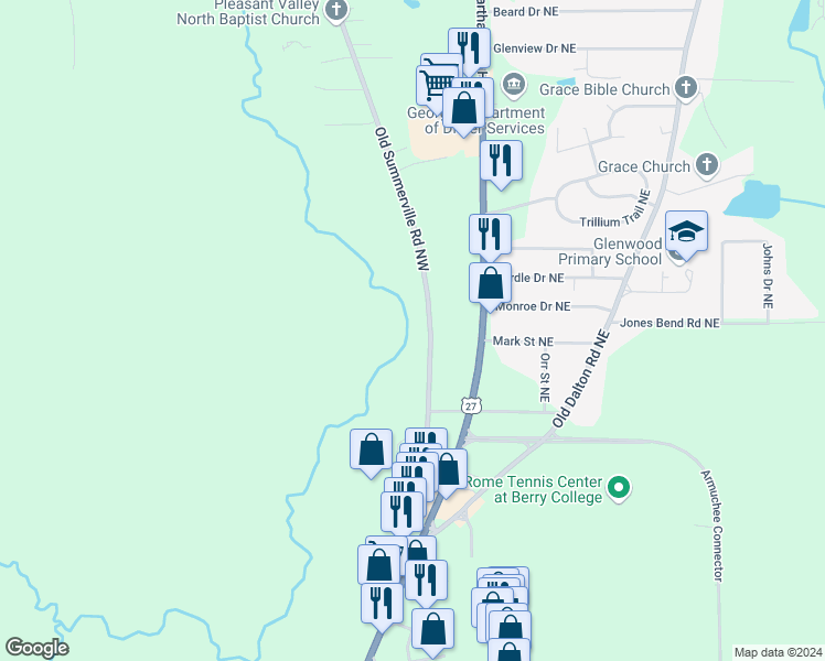 map of restaurants, bars, coffee shops, grocery stores, and more near 315 Old Summerville Road Northwest in Rome