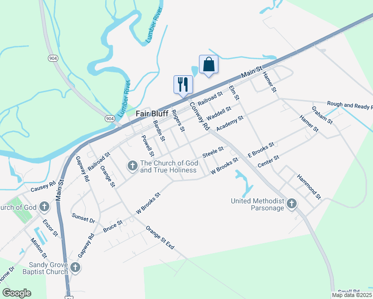 map of restaurants, bars, coffee shops, grocery stores, and more near 1077 Academy Street in Fair Bluff