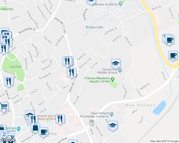 map of restaurants, bars, coffee shops, grocery stores, and more near 1436 Vine Street Northeast in Gainesville