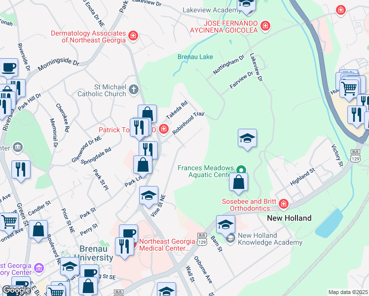 map of restaurants, bars, coffee shops, grocery stores, and more near 1436 Vine Street Northeast in Gainesville