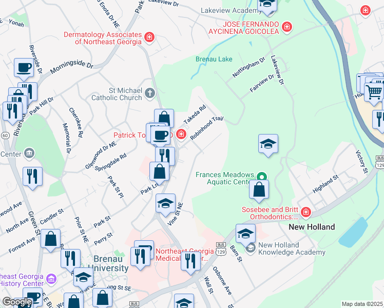 map of restaurants, bars, coffee shops, grocery stores, and more near 1407 Vine Street Northeast in Gainesville