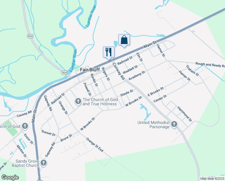 map of restaurants, bars, coffee shops, grocery stores, and more near 228 Rogers Street in Fair Bluff