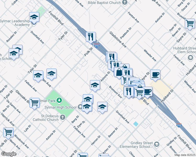 map of restaurants, bars, coffee shops, grocery stores, and more near 14035 Astoria Street in Los Angeles