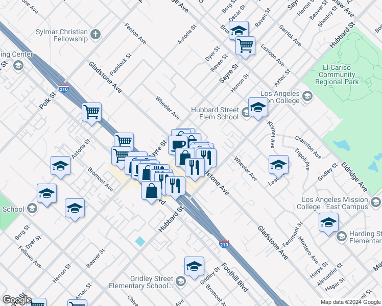 map of restaurants, bars, coffee shops, grocery stores, and more near 13232 Gladstone Avenue in Los Angeles