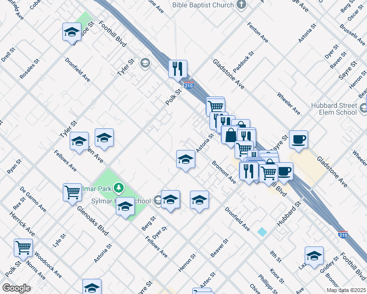 map of restaurants, bars, coffee shops, grocery stores, and more near 14043 Astoria Street in Los Angeles
