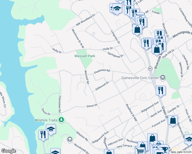 map of restaurants, bars, coffee shops, grocery stores, and more near 1084 Tanglewood Drive in Gainesville