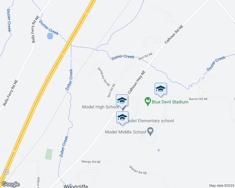 map of restaurants, bars, coffee shops, grocery stores, and more near 3277 Calhoun Road Northeast in Rome