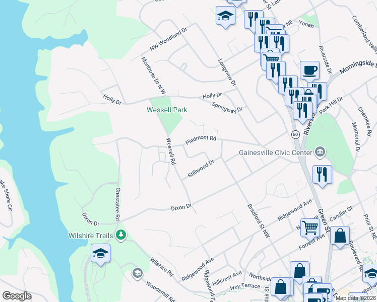 map of restaurants, bars, coffee shops, grocery stores, and more near 1084 Tanglewood Drive in Gainesville