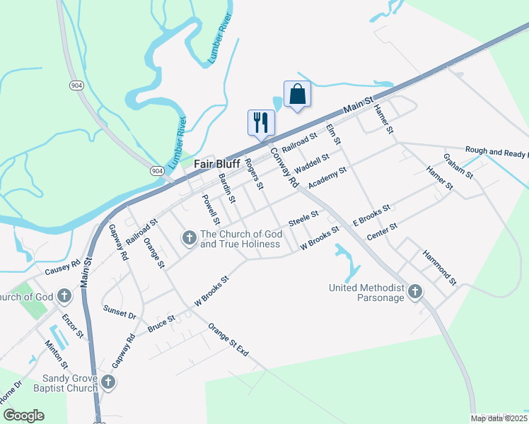 map of restaurants, bars, coffee shops, grocery stores, and more near 1077 Academy Street in Fair Bluff