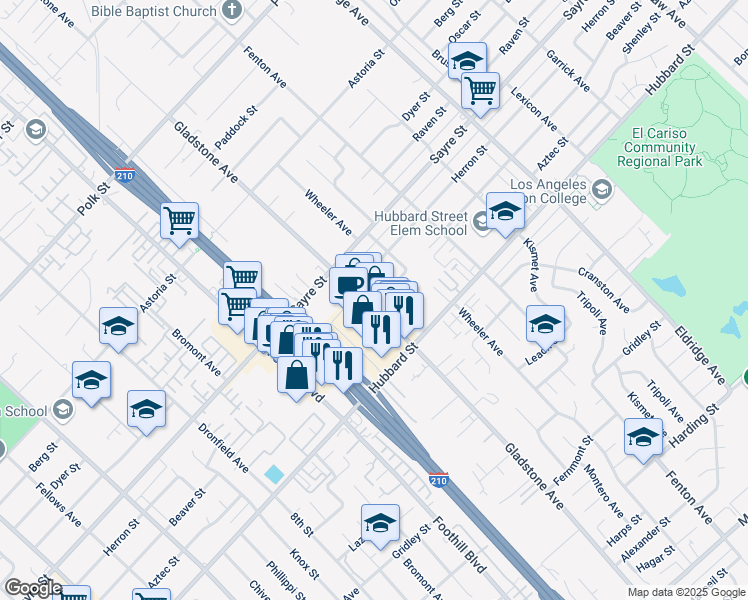 map of restaurants, bars, coffee shops, grocery stores, and more near 13232 Gladstone Avenue in Los Angeles