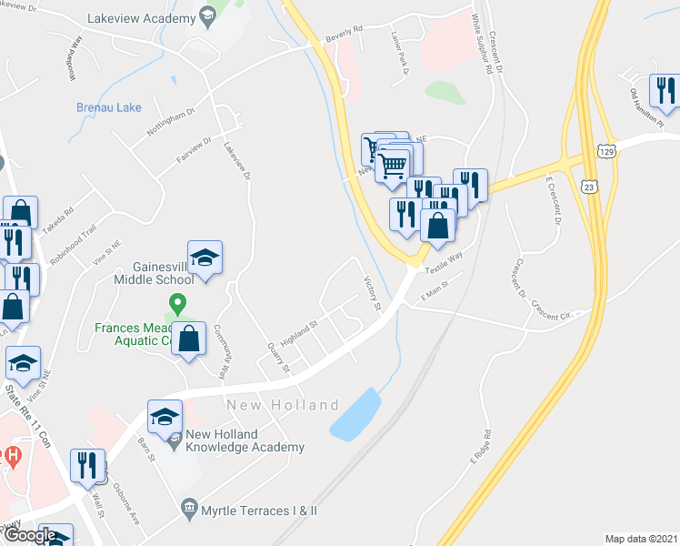 map of restaurants, bars, coffee shops, grocery stores, and more near 32 Spring Street in Gainesville