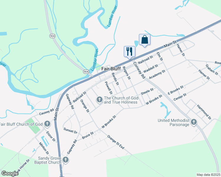 map of restaurants, bars, coffee shops, grocery stores, and more near 85 Powell Street in Fair Bluff