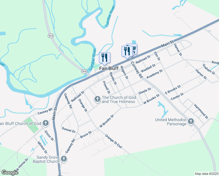 map of restaurants, bars, coffee shops, grocery stores, and more near 85 Powell Street in Fair Bluff